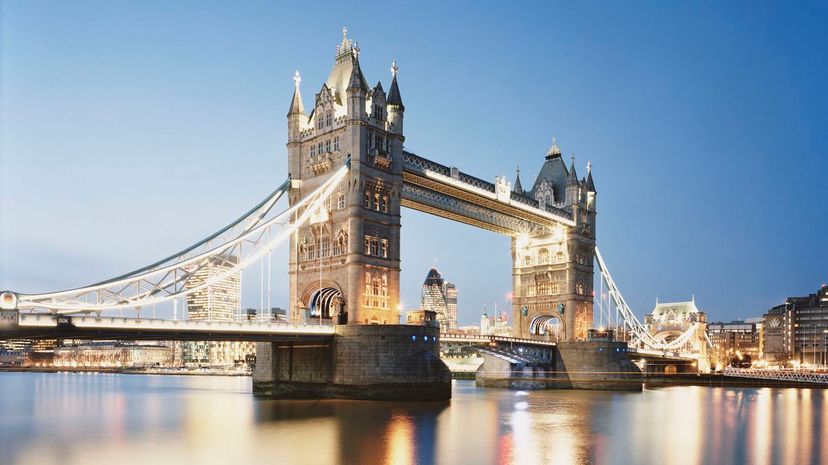 Tower Bridge and city of London at dusk