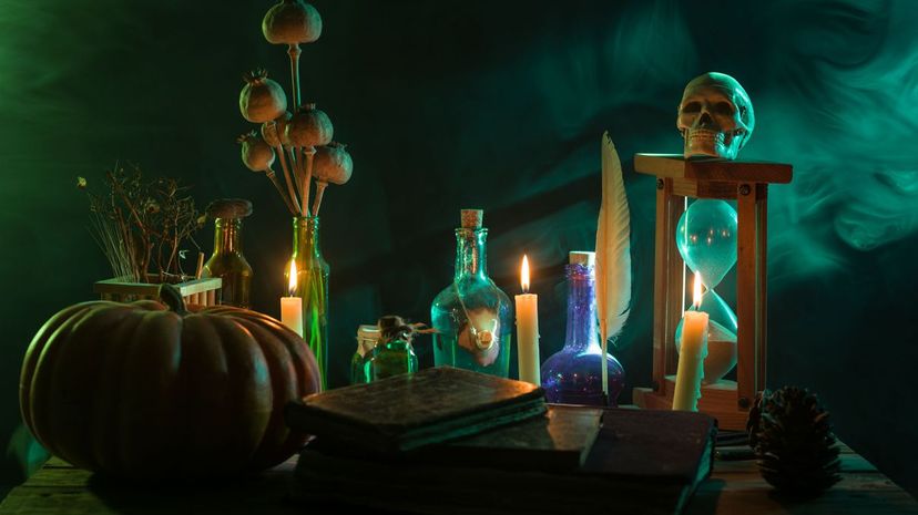 Pumpkin, Poison Bottle, Dead Insects, Candles, Human Skull and Magic Book For Halloween
