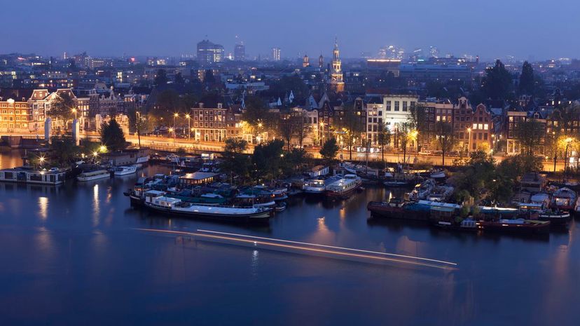 Aerial view of city harbour at night