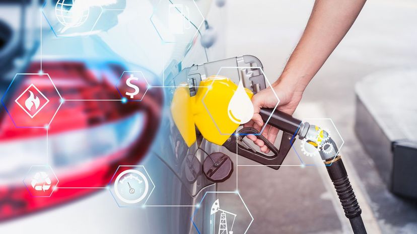 nozzle fuel for fill oil into car tank at pump gas and oil station with technology icons concept design