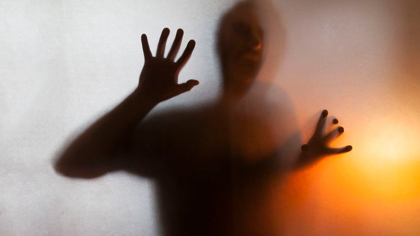 Man with hands pressed up against glass behind translucent facade