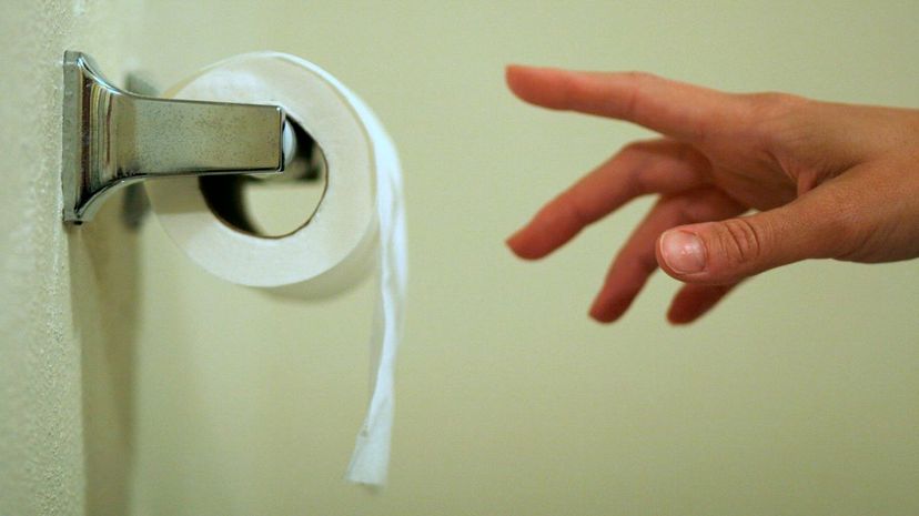 A female hand reaching to pull toilet paper off the roll