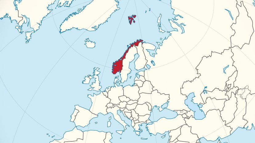 Norway on the globe (Europe centered). 