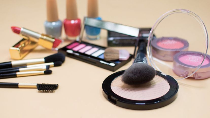 Set cosmetics makeup, brush, eye shadow and lipstick