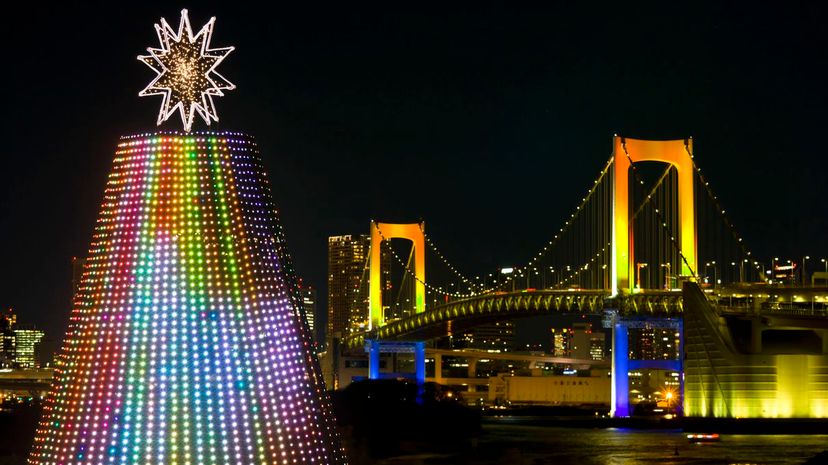 Illuminated Christmas Tree and Rainbow Bridge, Tokyo