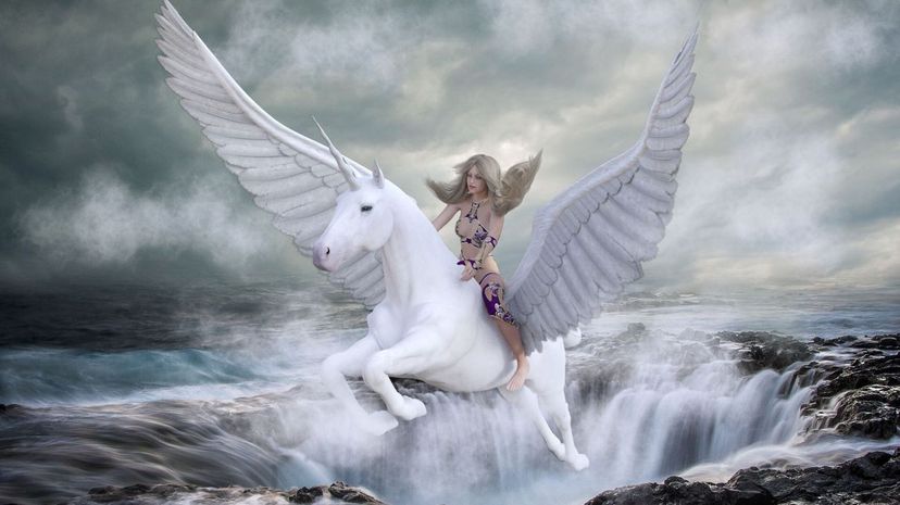 Woman riding a flying unicorn