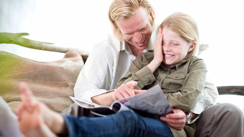 Father and daughter reading a magazine