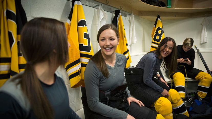 Womens Ice Hockey Team in Locker Room