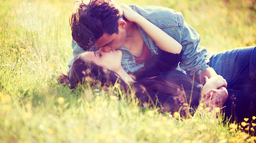 Teens kissing in meadow