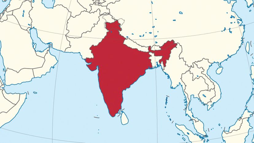 India on the globe (India centered). 