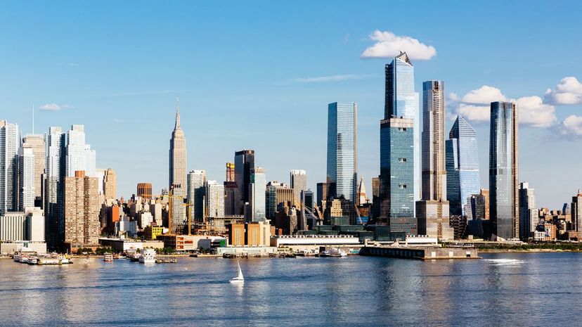 New York skyline with Hudson River and Hudson Yards, USA