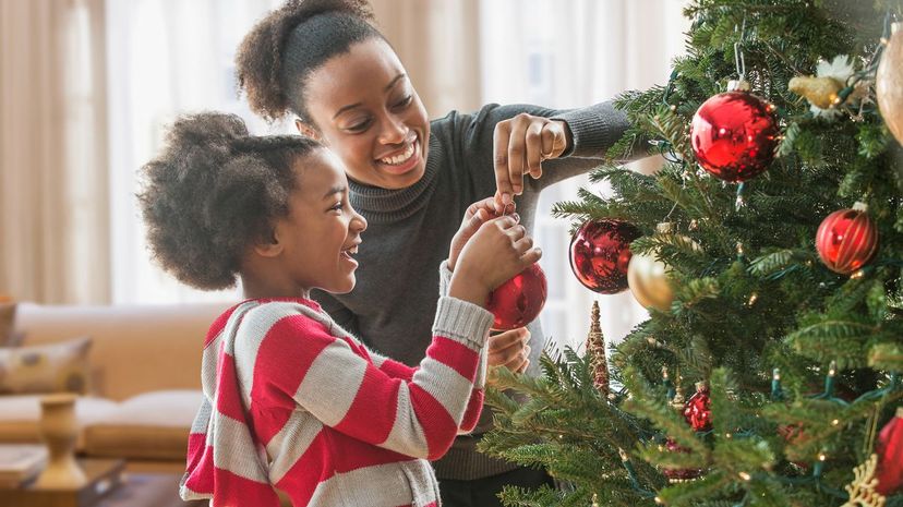 Q33-Mother and daughter decorating Christmas tree