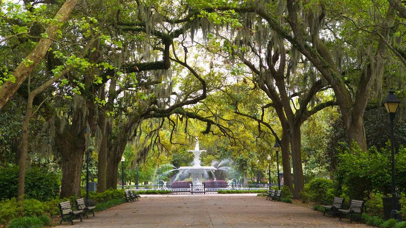 Forsyth Park, fountain and live oak trees in the historic district of Savannah, Georgia