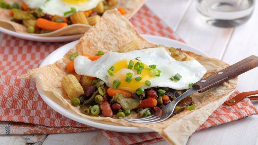 Huevos rancheros on a tortilla, the traditional Mexican breakfast dish