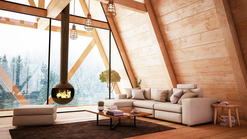 Wooden Interior with Fireplace