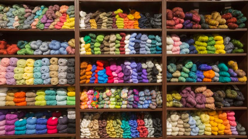 Stocked shelves in yarn store