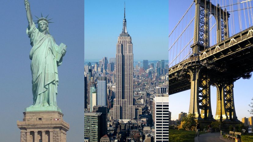 Statue of Liberty, Empire State Building and Manhattan Bridge - New York City