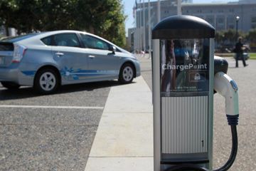 A new electric vehicle charging station is seen near San Francisco city hall in San Francisco, Calif.