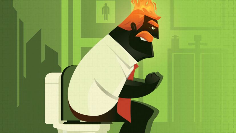 illustration of man sitting on toilet with fire out of butt