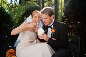 bride, groom eating Chinese takeout