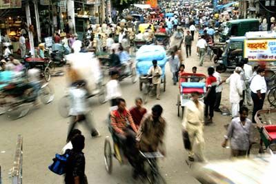 Crowd of people living city life.