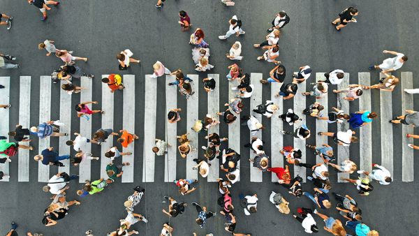  People crowd on pedestrian crosswalk. Top view background.