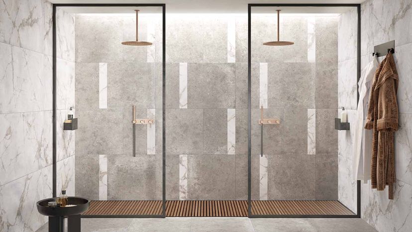 Porcelain tiles in a modern shower.