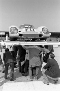 The Porsche 917K of Jo Siffert and Brian Redman being inspected during scrutineering at the Le Mans 24 Hours race, Le Mans, June 1970.