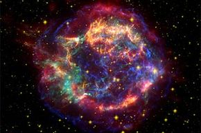 Cassiopeia A is among the best-studied supernova remnants. This image blends data from NASA's Spitzer (red), Hubble (yellow), and Chandra (green and blue) observatories.