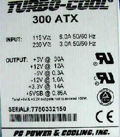Personal computer power supply label.VSB is the standby voltage provided to the power switch.