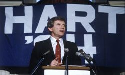 Democratic presidential candidate Gary Hart speaks shortly after his victory in the New Hampshire primary in February 1984.