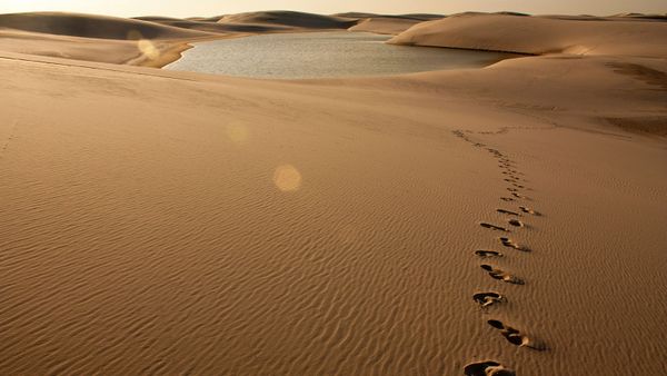 Footprint on sand dune at Lençóis Maranhenses in Barreirinhas, Brazil.