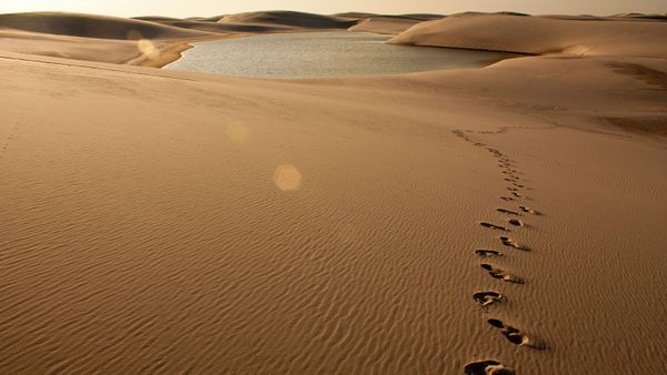 Footprint on sand dune at LenÃ§Ã³is Maranhenses in Barreirinhas, Brazil.