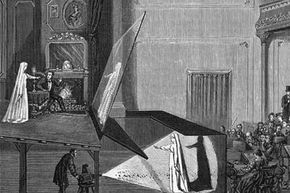 这幅插图，发表在“奇妙的世界”;大约在1865年，展示了P18新利最新登入epper's Ghost错觉是如何在戏剧表演中使用一大块玻璃反射的投影。＂width=