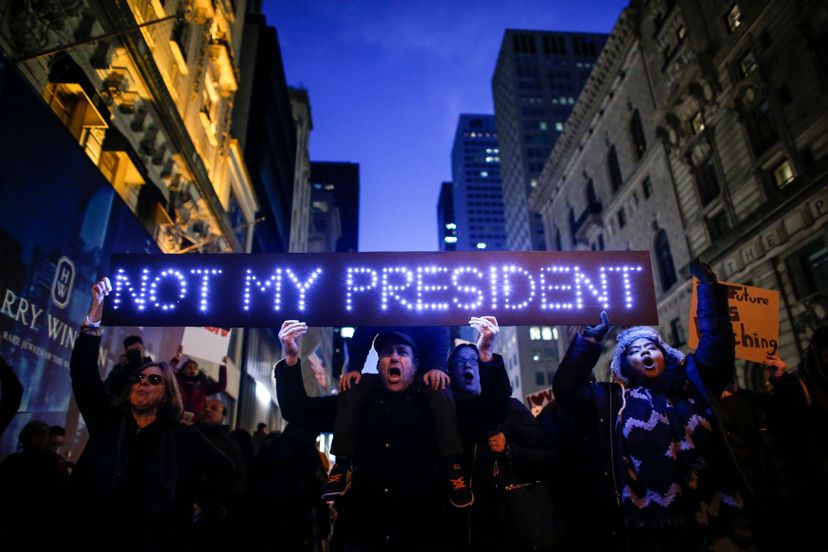protesters in new york city with a not my president sign