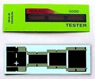 Front and back of a typical battery tester found on a battery package. See more battery pictures.