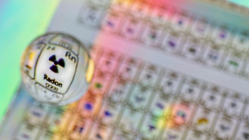 Defocused periodic table of the elements with the element Radon magnified through a glass marble.