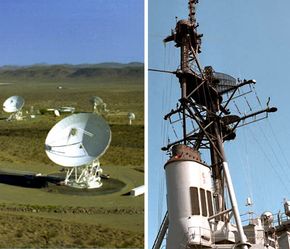 Left: Antennas at Goldstone Deep Space Communications Complex (part of NASA's Deep Space Network) help provide radio communications for NASA's interplanetary spacecraft. Right: Surface search radar and air search radar are mounted on the foremast of a guided missile destroyer.