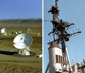 左:戈德斯通深太空Communicati天线ons Complex (part of NASA's Deep Space Network) help provide radio communications for NASA's interplanetary spacecraft. Right: Surface search radar and air search radar are mounted on the foremast of a guided missile destroyer.