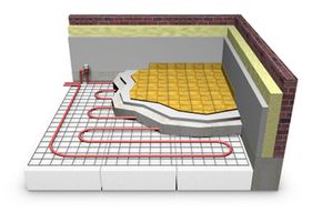 A cross section of an electric radiant floor heating system