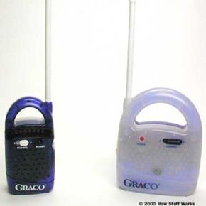 A typical baby monitor, with the receiver on the left and the transmitter on the right: The transmitter sits in the baby's room and is essentially a mini &quot;radio station.&quot; The parents carry the receiver around the house to listen to the baby. Typical transmission distance is limited to about 200 feet (61 m).