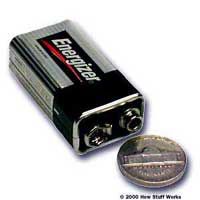 By tapping the terminals of a 9-volt battery with a coin, you can create radio waves that an AM radio can receive!