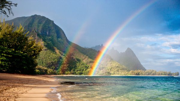 Double rainbow at tunnels beach in Kauai, Hawaii