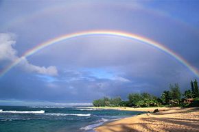 A double rainbow appears over Tunnels Beach, Hawaii; note how much fainter the second rainbow is than the first one. There can be triple and quadruple rainbows too but you probably can't see them.