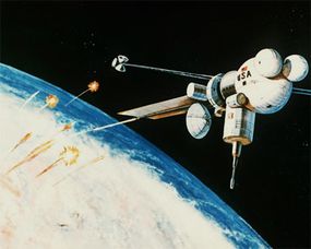 An artist`s concept of the interception and destruction of nuclear-armed re-entry vehicles by a space-based rail gun.