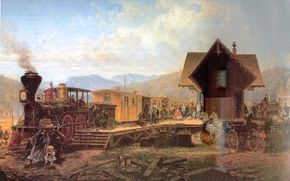 This early scene on the Camden &amp; Amboy Railroad shows a drawbridge, an &quot;American&quot; type 4-4-0, and a passenger car typical of the 1840s. Except for the locomotive and parts of the car and bridge, everything is made of wood.