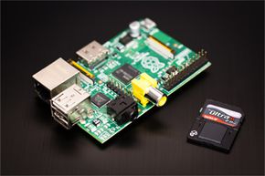 The Raspberry Pi pictured here with an SD memory card.