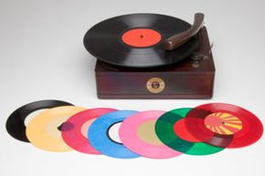 Candy-colored vinyl records with record player