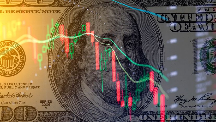 A dollar with stock market trend at the back