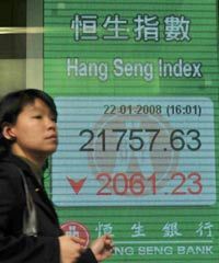 人们走过2008年1月22日在香港展示Hang Seng Index的股票板。“border=